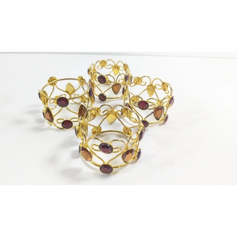 4 Pier One Imports Jeweled Napkin Rings Red & Amber Set In Gold Tone Metal